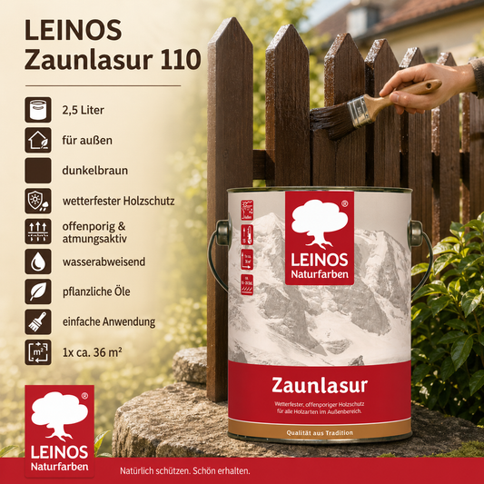LEINOS Zaunlasur 110 dunkelbraun – wetterfeste Holzlasur für außen, offenporiger Holzschutz, wasserabweisend & atmungsaktiv, 2,5 l für bis zu 36 m² dunkelbraun