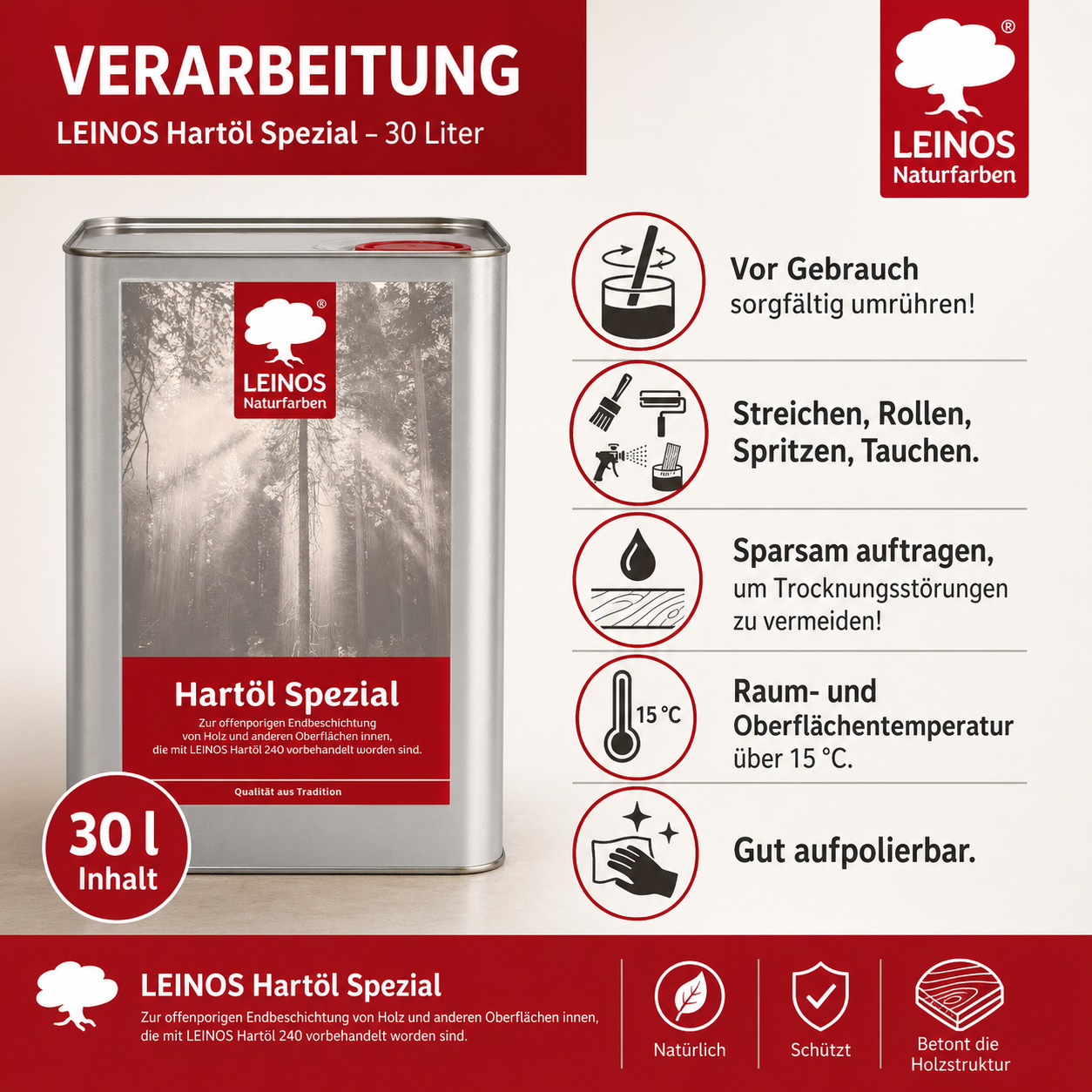 Leinos Spezial Hartöl 30 L | Farbloses Versiegelungsöl | Holzöl für effektive Endbeschichtung und langanhaltenden Schutz im Innenbereich