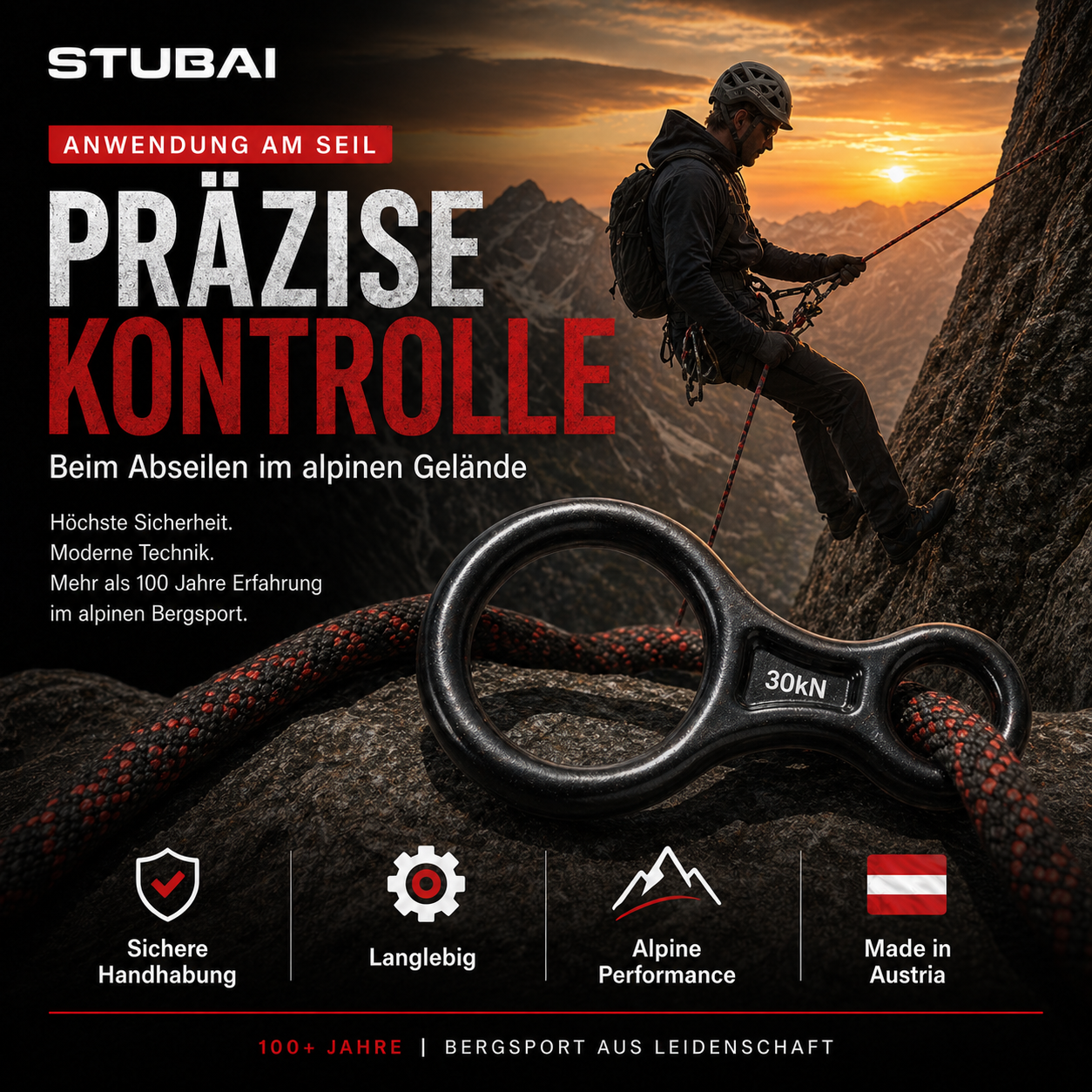 STUBAI Abseilachter groß, 109 g, 30 kN Bruchlast, EN 15151-2 zertifiziert – Sicherungsgerät aus geschmiedetem Aluminium, rot eloxiert – geeignet für Klettern, Bergsteigen, Canyoning, Höhenarbeit