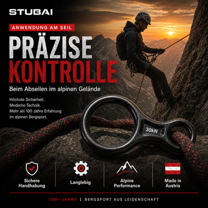 STUBAI Abseilachter groß, 109 g, 30 kN Bruchlast, EN 15151-2 zertifiziert – Sicherungsgerät aus geschmiedetem Aluminium, rot eloxiert – geeignet für Klettern, Bergsteigen, Canyoning, Höhenarbeit