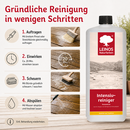 LEINOS Intensivreiniger 1Liter – kraftvoller Holzreiniger für innen & außen – entfernt Schmutz, Algen & Pilze – für Terrassen, Zäune, Stein & Holz – hochkonzentriert & ergiebig
