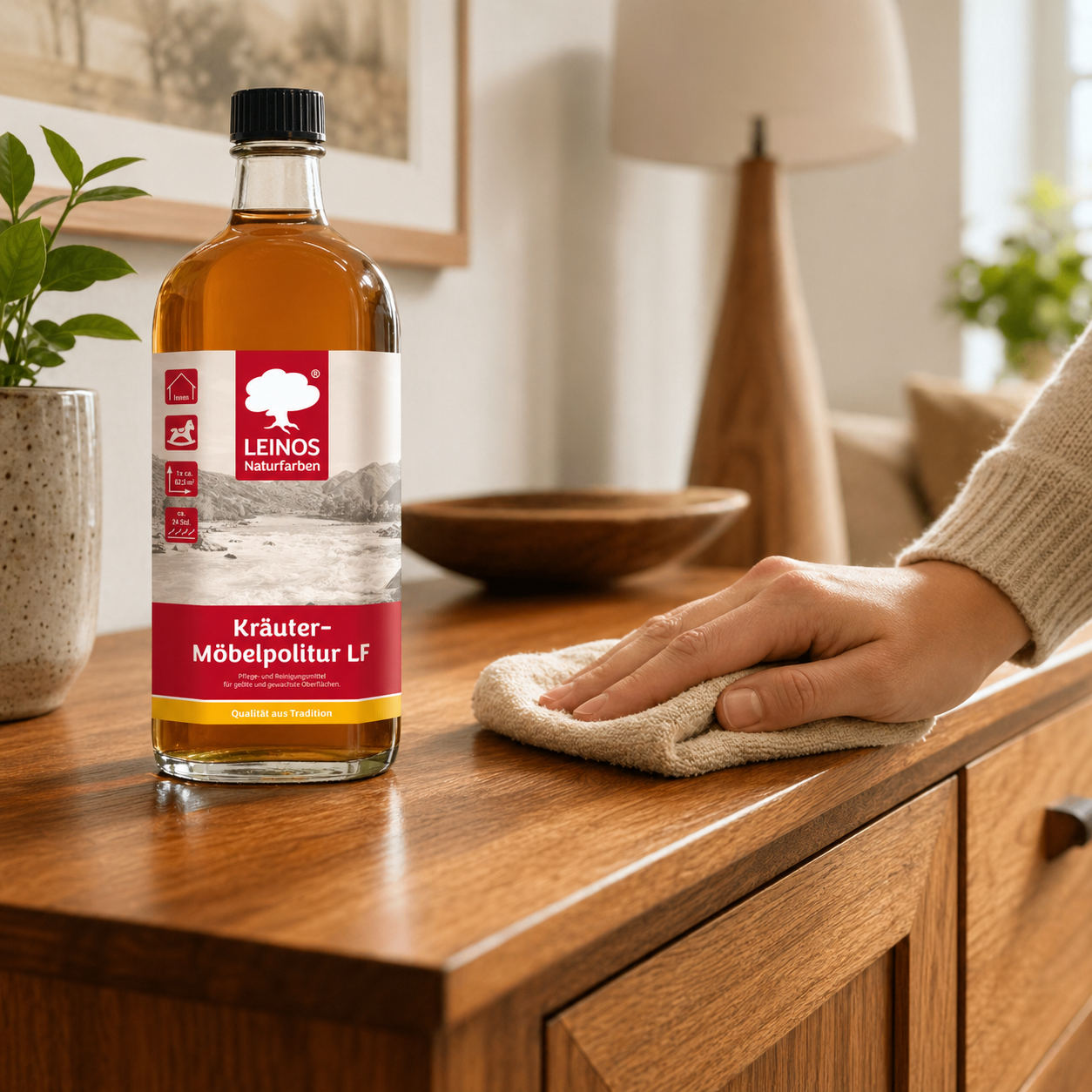 Kräuter-Möbelpolitur LF 911 –Farb- und geruchsneutral, 250 ml Lösemittelfrei, Pflege- und Reinigungsmittel für geölte und gewachste Oberflächen – Veredelung und Pflege für Möbel im Innenbereich –