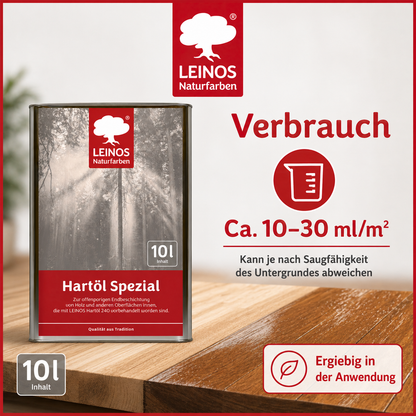 Leinos Spezial Hartöl 10 L | Farbloses Versiegelungsöl | Holzöl für effektive Endbeschichtung und langanhaltenden Schutz im Innenbereich