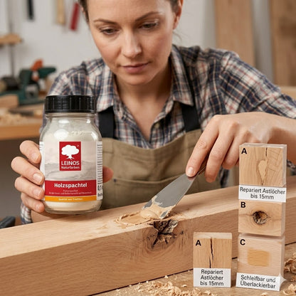Holzspachtel 337 Kirsche (426) 0,5 Liter – Pulverspachtel für Holz innen & außen | schleifbar & überlackierbar | Farbe Kirsche | wasserbasiert | für Risse & Astlöcher