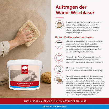 LEINOS Wand-Wischlasur 2,5 Liter für glatte Wände, kreative Lasurtechniken und sanfte Farbverläufe, verarbeitungsfertig, individuell abtönbar, atmungsaktiv, leicht aufzutragen innen für große Flächen!