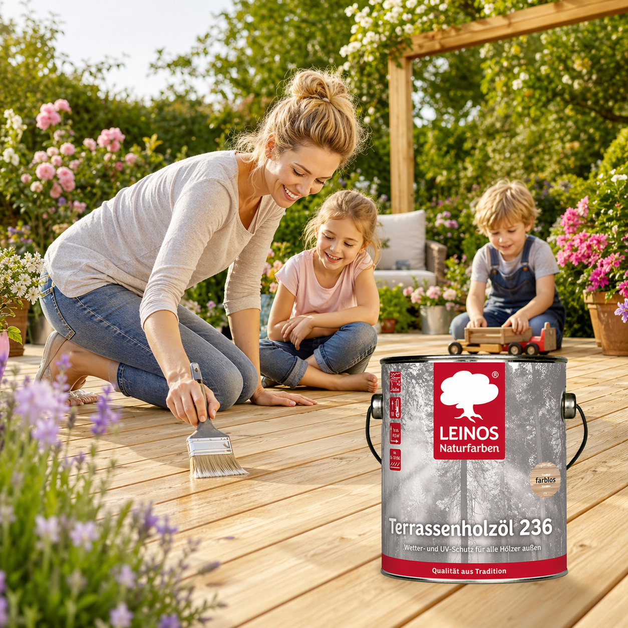 LEINOS Terrassenholzöl 236 | 2,5 Liter | Hochwertiges Holzöl für außen | Für Terrassen, Zäune, Kinderspielgeräte | Farbton: farblos | Tiefer Holzschutz & leichte Anwendung