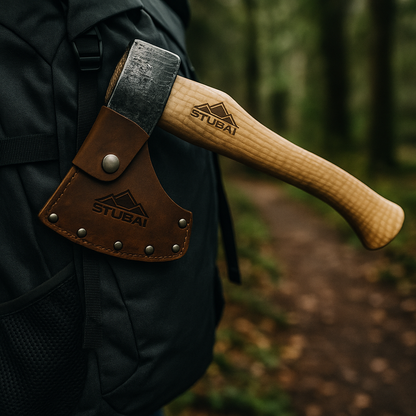 STUBAI Campingbeil „Habicht“ 1.100 g – Handgeschmiedet aus Kohlenstoffstahl, 340 mm, geölter Hickorystiel, Lederscheide – Outdoor, Bushcraft, Survival