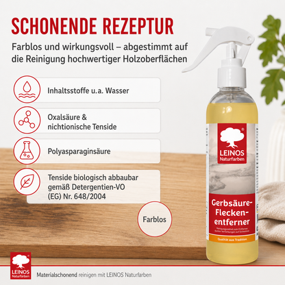 LEINOS Gerbsäureflecken Entferner 946 – 250ml Spezialreiniger für Eichenholz & Edelhölzer – entfernt dunkle Flecken & Verfärbungen durch Gerbsäure – Wasserbasiert, Biologisch Abbaubar & Farblos