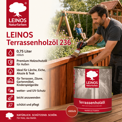 Leinos Terrassenholzöl 0,75l – rötliches Premium Holzschutzöl für außen, ideal für Lärche, Eiche, Akazie & Teak – Teaköl & Lärchenöl für Terrassen, Zäune, Gartenmöbel, Kinderspielgeräte & mehr
