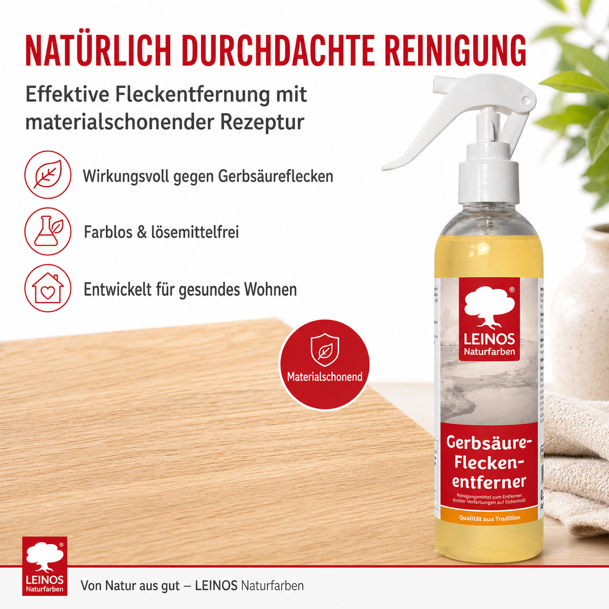 LEINOS Gerbsäureflecken Entferner 946 – 250ml Spezialreiniger für Eichenholz & Edelhölzer – entfernt dunkle Flecken & Verfärbungen durch Gerbsäure – Wasserbasiert, Biologisch Abbaubar & Farblos