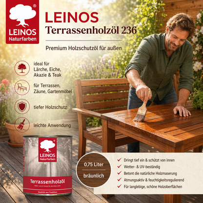 Leinos Terrassenholzöl 0,75l – bräunlich Premium Holzschutzöl für außen, ideal für Lärche, Eiche, Akazie & Teak – Teaköl & Lärchenöl für Terrassen, Zäune, Gartenmöbel, Kinderspielgeräte & mehr