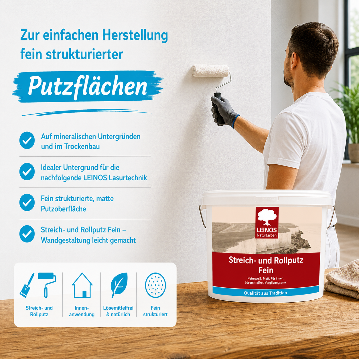 LEINOS Streich- und Rollputz fein 685, weiß – Feinkörniger Putz für Innen, atmungsaktiv, lösemittelfrei, schadstofffrei, gebrauchsfertig, strukturierbar, auf Putz, Gips, Lehm, Altanstrich – 10 L