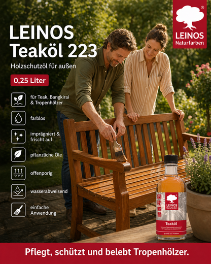 LEINOS Teaköl 223 – 0,75 Liter Holzschutzöl für außen, farblos, für Teak, Bangkirai & Tropenhölzer, imprägniert & frischt auf, pflanzliche Öle, offenporig, wasserabweisend, einfache Anwendung
