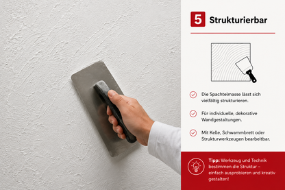 LEINOS Glätt- und Strukturspachtel 684, weiß – Feine Spachtelmasse für Wand & Decke innen, lösemittelfrei, atmungsaktiv, gebrauchsfertig, für Lehmputz, Kalk, Gips, Altanstrich, strukturierbar – 1 kg