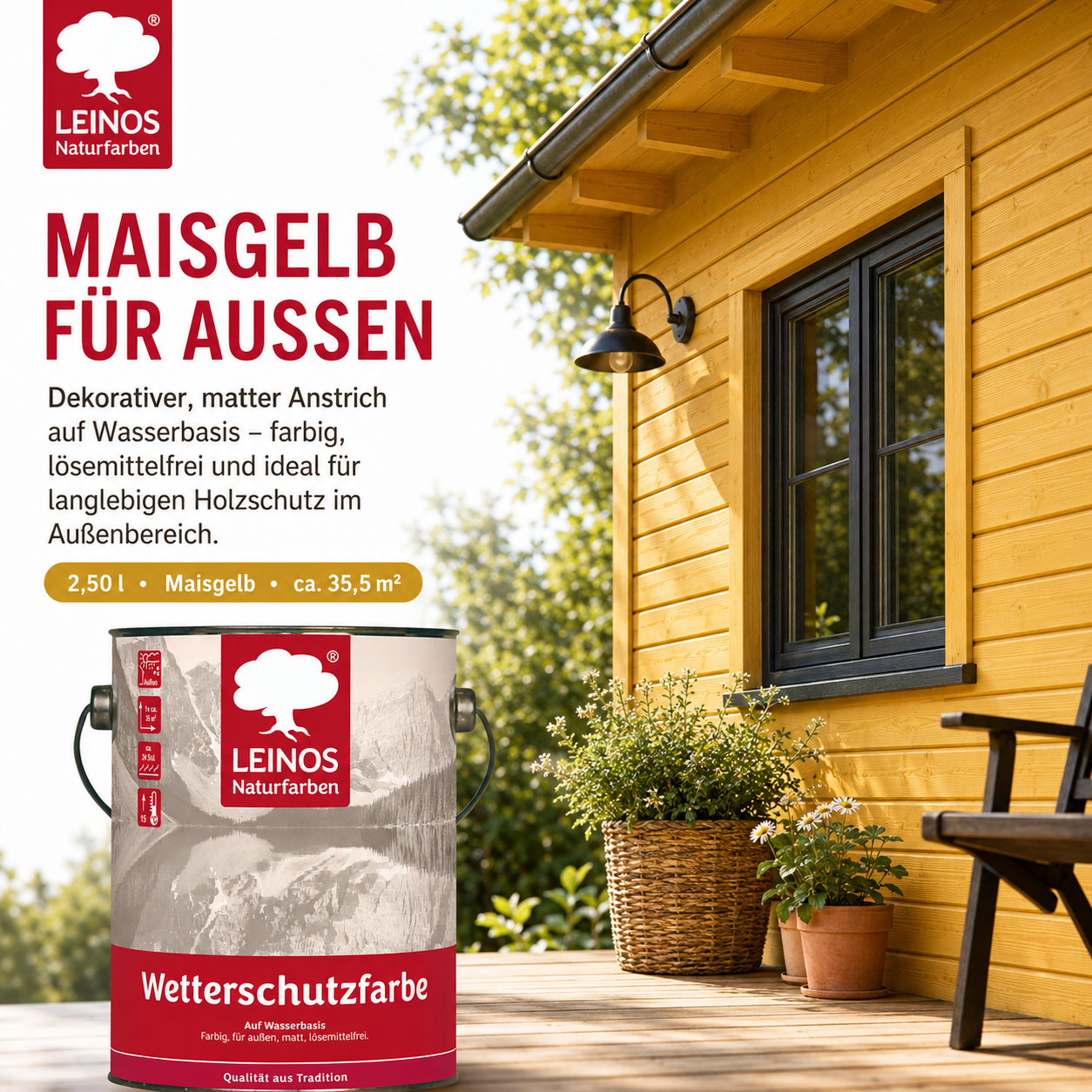LEINOS Wetterschutzfarbe auf Wasserbasis 855 –2,50 l Maisgelb- Lösemittelfreier, matter Anstrich für unbehandelte Holzkonstruktionen im Außenbereich, ideal für sägeraues Holz