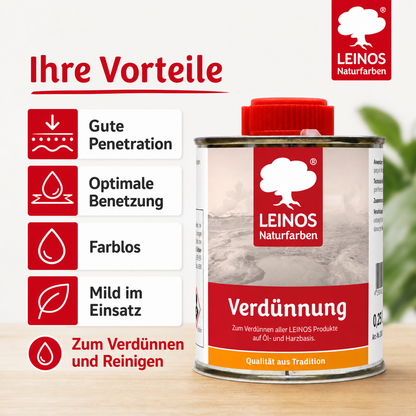 LEINOS 200 Verdünnung 0,25 Liter | Zum Verdünnen aller öligen Produkte sowie zur Reinigung der Arbeitsgeräte. Auch als Fleckentferner geeignet.
