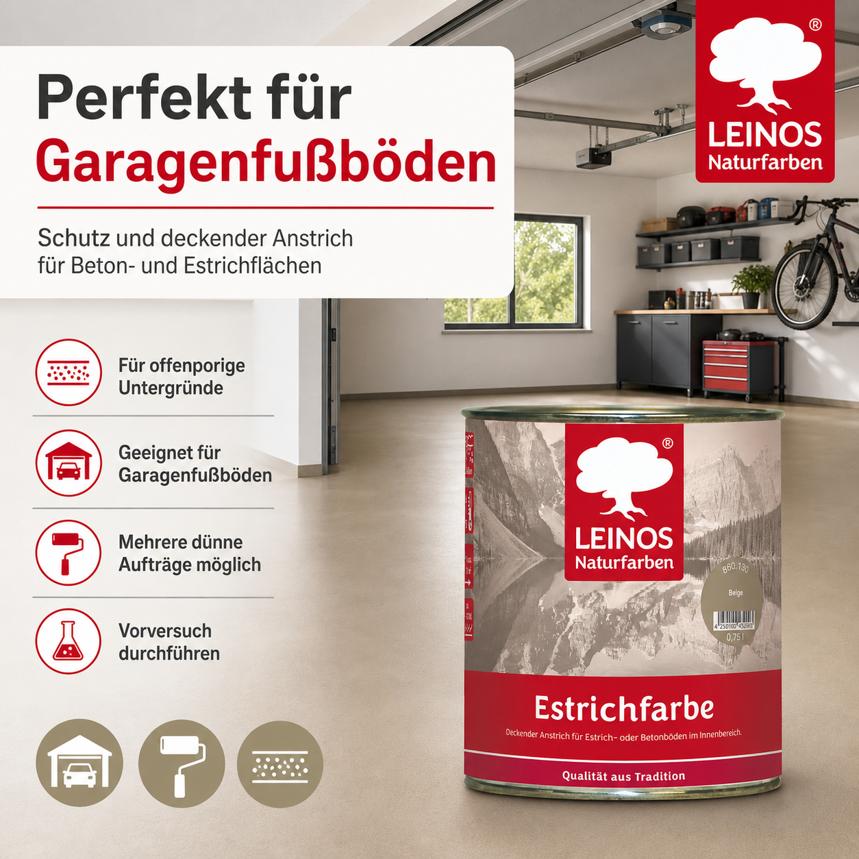 Leinos Naturfarben Estrichfarbe 860 | für innen | Schutz & Farbgebung für offenporige Estrich- & Betonflächen | abriebfest, wasserabweisend | Beige  | 0,75 Liter
