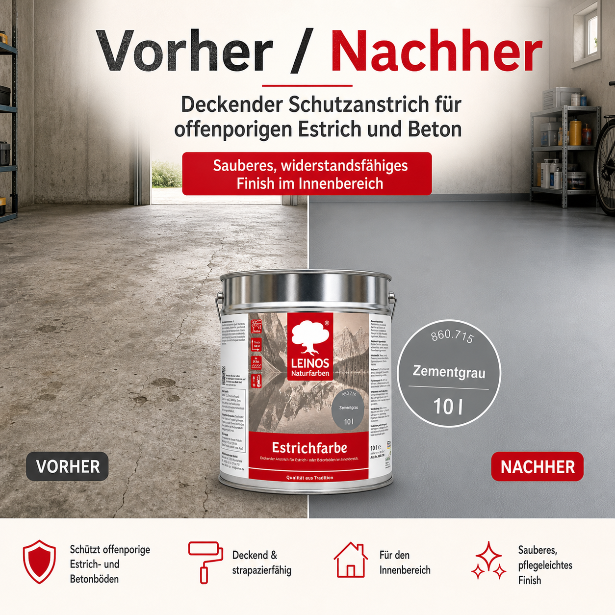 LEINOS 860 Estrichfarbe für Innen, 10l, Zementgrau