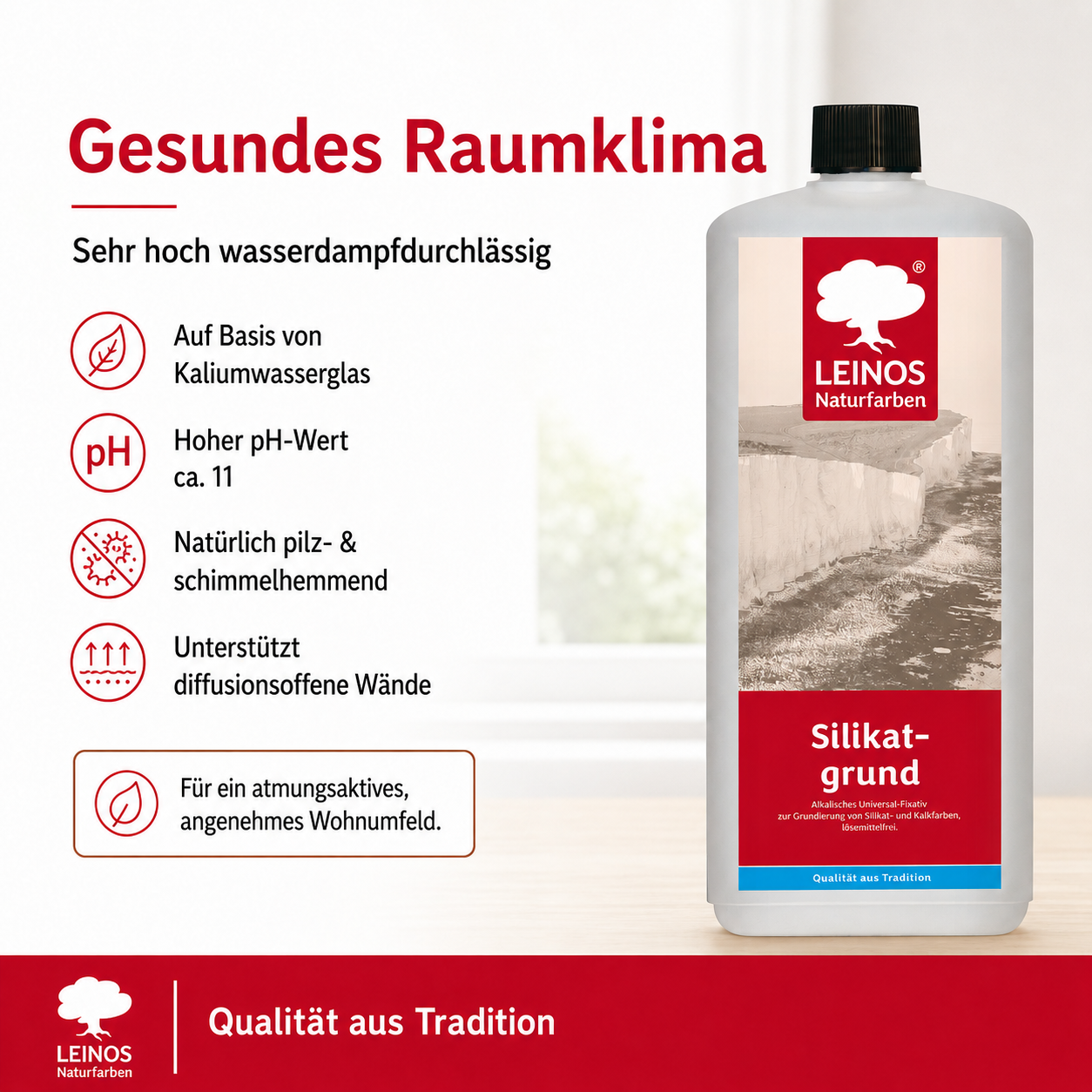 LEINOS Silikatgrund 621 | Universal-Fixativ & Grundierung für Silikat- & Kalkfarben | Farblos, hoch wasserdampfdurchlässig, lösemittelfrei | 1 Liter | von LEINOS