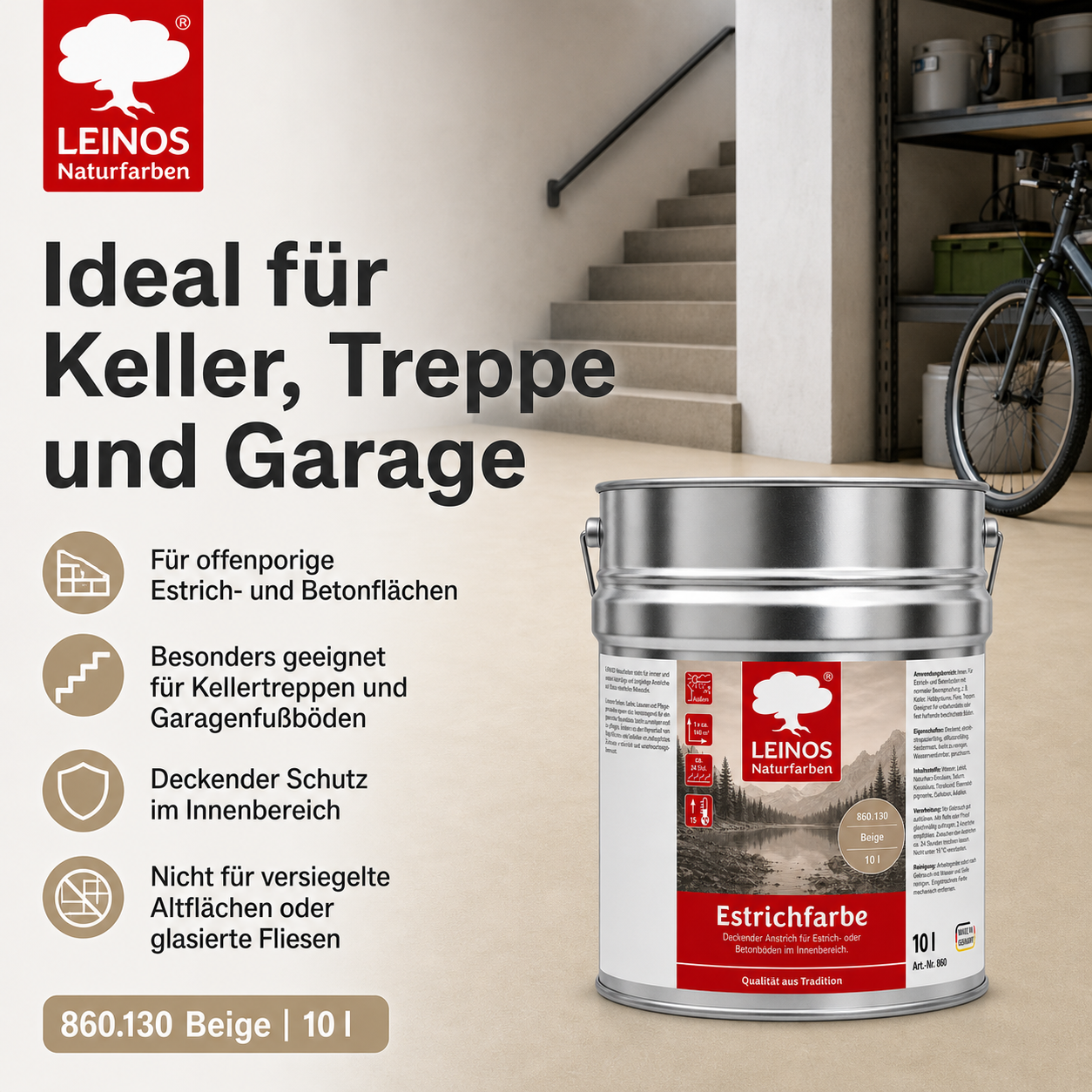 LEINOS 860 Estrichfarbe für Innen, 10l, Beige