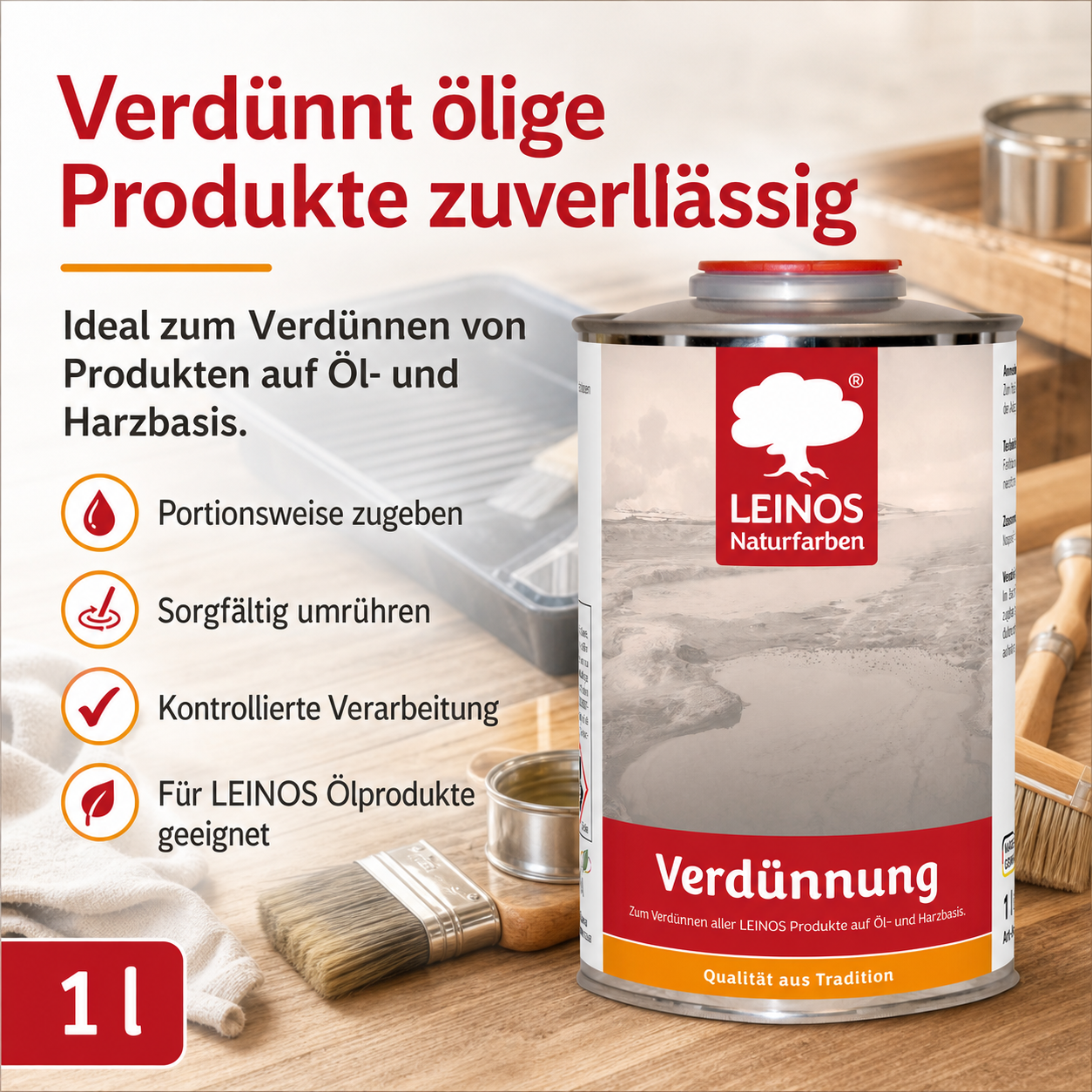 LEINOS 200 Verdünnung 1 Liter | Zum Verdünnen aller öligen Produkte sowie zur Reinigung der Arbeitsgeräte. Auch als Fleckentferner geeignet.