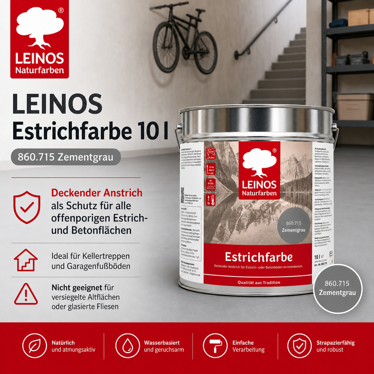 LEINOS 860 Estrichfarbe für Innen, 10l, Zementgrau