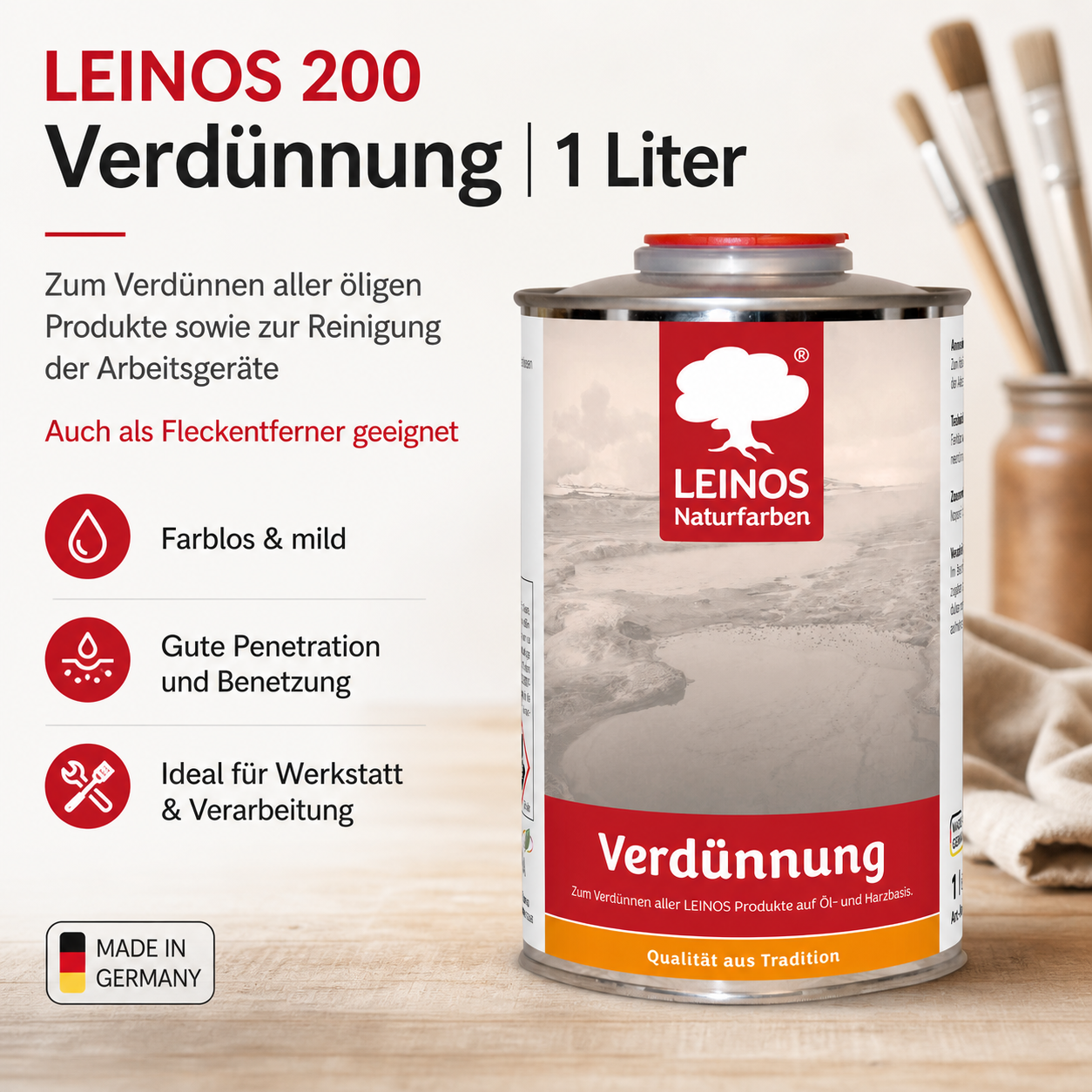 LEINOS 200 Verdünnung 1 Liter | Zum Verdünnen aller öligen Produkte sowie zur Reinigung der Arbeitsgeräte. Auch als Fleckentferner geeignet.