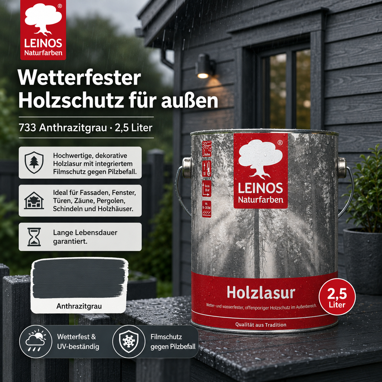 Wetterfeste Holzlasur für Außen 733 Anthrazitgrau 2,50 Liter - offenporiger Holzschutz mit Filmschutz gegen Pilzbefall - für Fenster, Türen, Zäune & Pergolen - wasserabweisend, lasierend