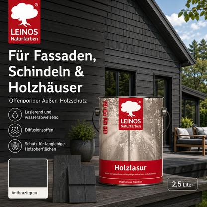 Wetterfeste Holzlasur für Außen 733 Anthrazitgrau 2,50 Liter - offenporiger Holzschutz mit Filmschutz gegen Pilzbefall - für Fenster, Türen, Zäune & Pergolen - wasserabweisend, lasierend
