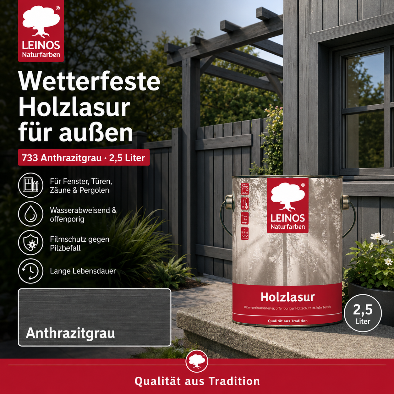 Wetterfeste Holzlasur für Außen 733 Anthrazitgrau 2,50 Liter - offenporiger Holzschutz mit Filmschutz gegen Pilzbefall - für Fenster, Türen, Zäune & Pergolen - wasserabweisend, lasierend