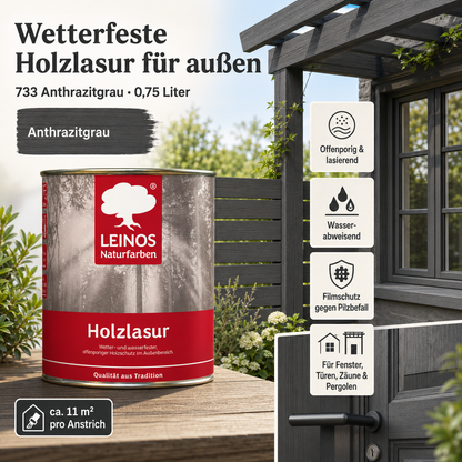 Wetterfeste Holzlasur für Außen 733 Anthrazitgrau 0,75 Liter - offenporiger Holzschutz mit Filmschutz gegen Pilzbefall - für Fenster, Türen, Zäune & Pergolen - wasserabweisend, lasierend