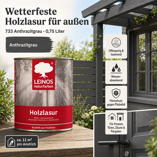 Wetterfeste Holzlasur für Außen 733 Anthrazitgrau 0,75 Liter - offenporiger Holzschutz mit Filmschutz gegen Pilzbefall - für Fenster, Türen, Zäune & Pergolen - wasserabweisend, lasierend
