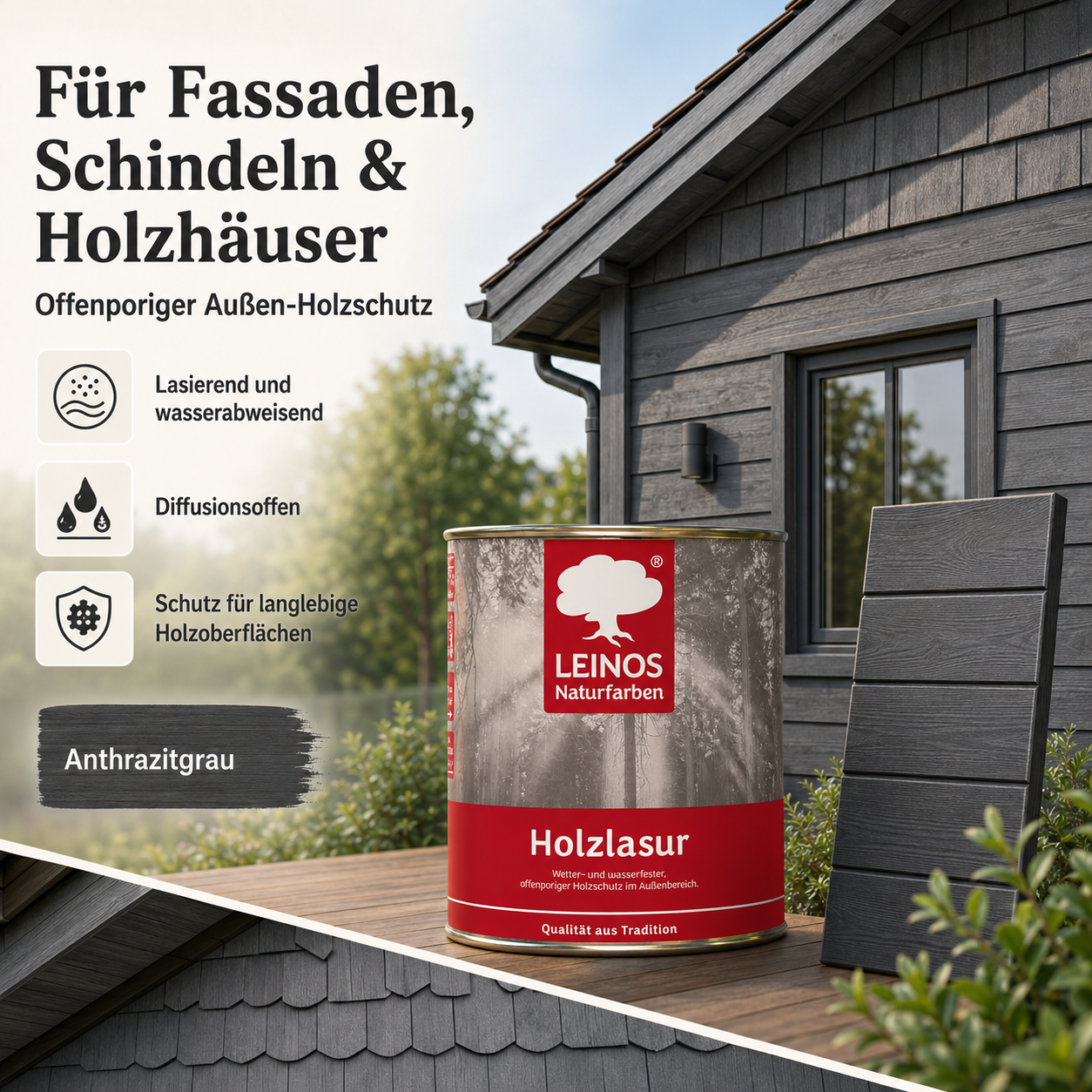 Wetterfeste Holzlasur für Außen 733 Anthrazitgrau 0,75 Liter - offenporiger Holzschutz mit Filmschutz gegen Pilzbefall - für Fenster, Türen, Zäune & Pergolen - wasserabweisend, lasierend