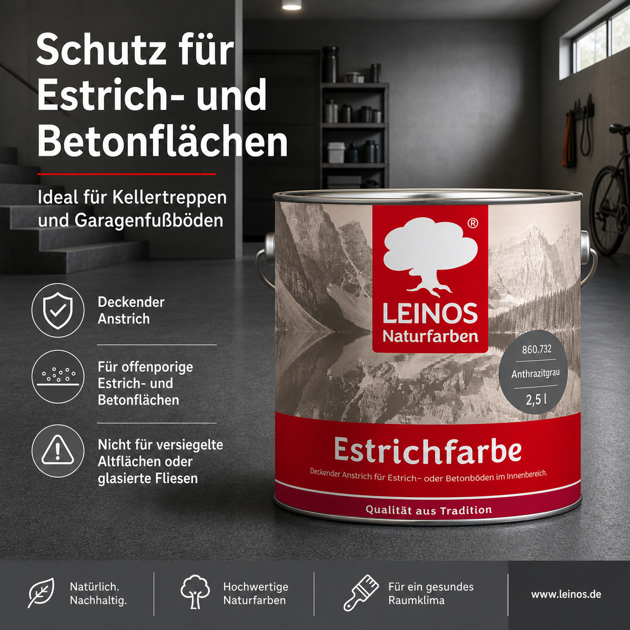 Estrichfarbe 860 | 2,5 Liter | für innen | Schutz & Farbgebung für offenporige Estrich- & Betonflächen | abriebfest, wasserabweisend, speichel- & schweißecht |  Anthrazitgrau