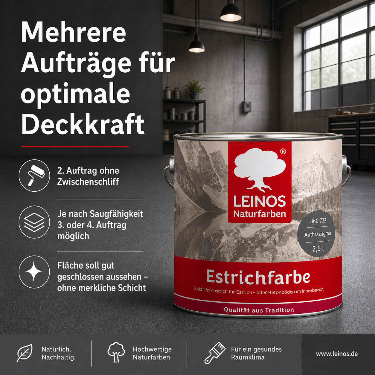 Estrichfarbe 860 | 2,5 Liter | für innen | Schutz & Farbgebung für offenporige Estrich- & Betonflächen | abriebfest, wasserabweisend, speichel- & schweißecht |  Anthrazitgrau
