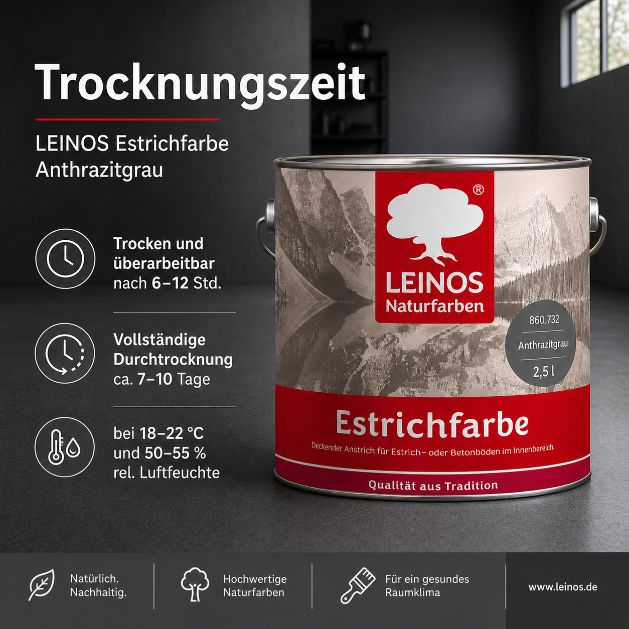 Estrichfarbe 860 | 2,5 Liter | für innen | Schutz & Farbgebung für offenporige Estrich- & Betonflächen | abriebfest, wasserabweisend, speichel- & schweißecht |  Anthrazitgrau