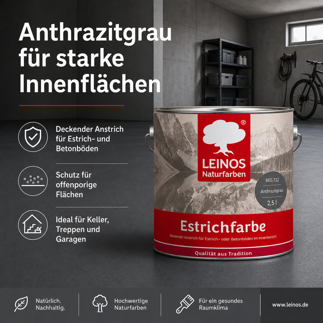 Estrichfarbe 860 | 2,5 Liter | für innen | Schutz & Farbgebung für offenporige Estrich- & Betonflächen | abriebfest, wasserabweisend, speichel- & schweißecht |  Anthrazitgrau