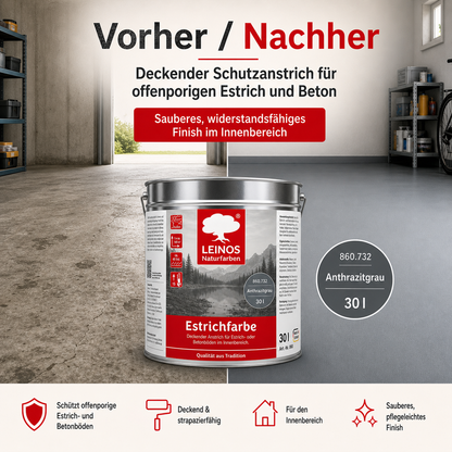 Leinos Naturfarben Estrichfarbe 860 |10,0 Liter | Anthrazitgraunn  | für innen | Schutz & Farbgebung für offenporige Estrich- & Betonflächen | abriebfest, wasserabweisend | Anthrazitgrau (10 Liter Anthrazitgrau)