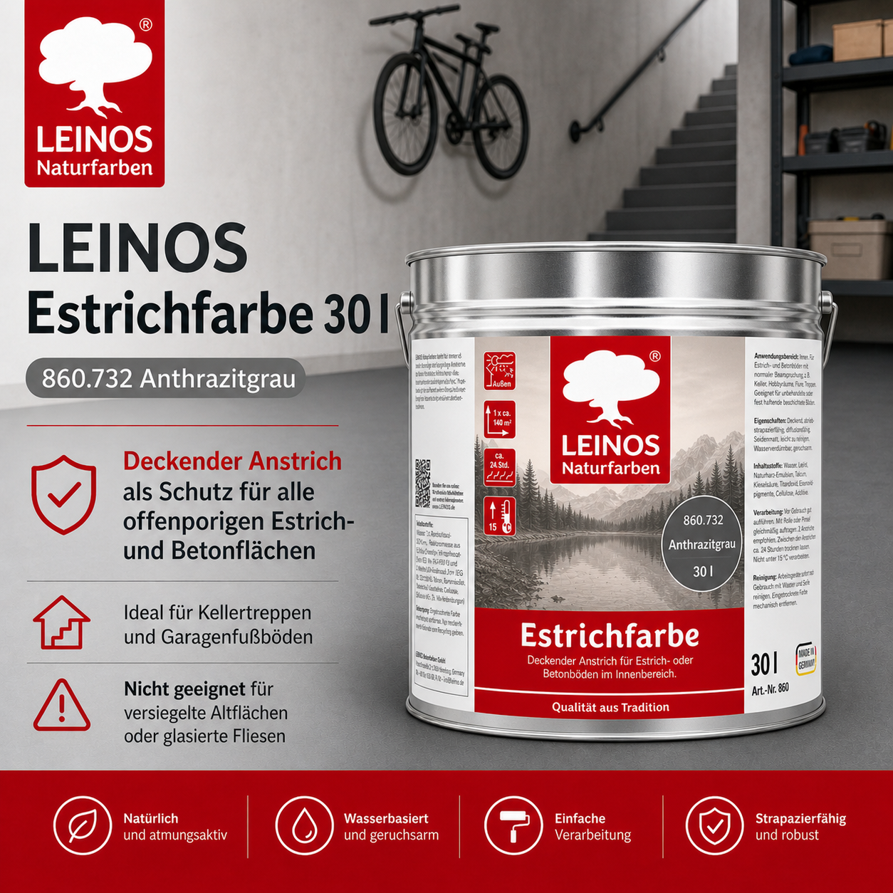 Leinos Naturfarben Estrichfarbe 860 |10,0 Liter | Anthrazitgraunn  | für innen | Schutz & Farbgebung für offenporige Estrich- & Betonflächen | abriebfest, wasserabweisend | Anthrazitgrau (10 Liter Anthrazitgrau)