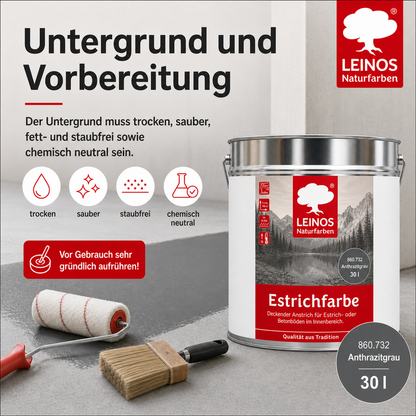 Leinos Naturfarben Estrichfarbe 860 |10,0 Liter | Anthrazitgraunn  | für innen | Schutz & Farbgebung für offenporige Estrich- & Betonflächen | abriebfest, wasserabweisend | Anthrazitgrau (10 Liter Anthrazitgrau)