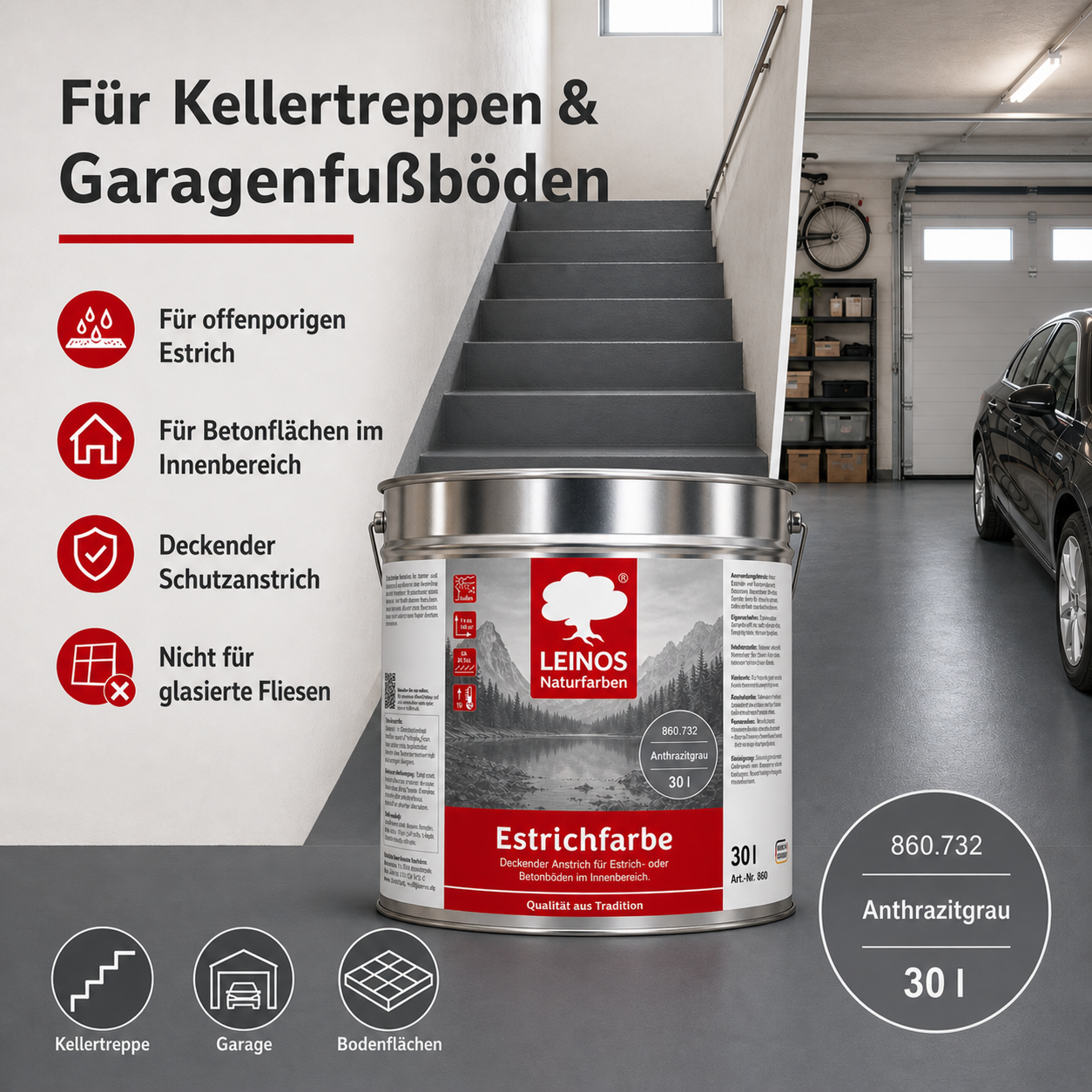 Leinos Naturfarben Estrichfarbe 860 |10,0 Liter | Anthrazitgraunn  | für innen | Schutz & Farbgebung für offenporige Estrich- & Betonflächen | abriebfest, wasserabweisend | Anthrazitgrau (10 Liter Anthrazitgrau)