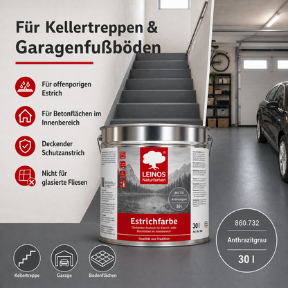 Leinos Naturfarben Estrichfarbe 860 |10,0 Liter | Anthrazitgraunn  | für innen | Schutz & Farbgebung für offenporige Estrich- & Betonflächen | abriebfest, wasserabweisend | Anthrazitgrau (10 Liter Anthrazitgrau)