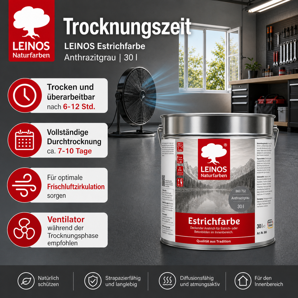Leinos Naturfarben Estrichfarbe 860 |10,0 Liter | Anthrazitgraunn  | für innen | Schutz & Farbgebung für offenporige Estrich- & Betonflächen | abriebfest, wasserabweisend | Anthrazitgrau (10 Liter Anthrazitgrau)
