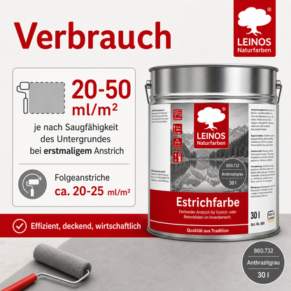 Leinos Naturfarben Estrichfarbe 860 |10,0 Liter | Anthrazitgraunn  | für innen | Schutz & Farbgebung für offenporige Estrich- & Betonflächen | abriebfest, wasserabweisend | Anthrazitgrau (10 Liter Anthrazitgrau)