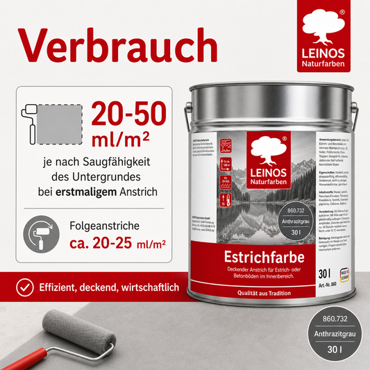 Leinos Naturfarben Estrichfarbe 860 |10,0 Liter | Anthrazitgraunn  | für innen | Schutz & Farbgebung für offenporige Estrich- & Betonflächen | abriebfest, wasserabweisend | Anthrazitgrau (10 Liter Anthrazitgrau)