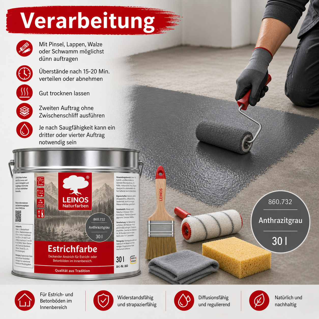 Leinos Naturfarben Estrichfarbe 860 |10,0 Liter | Anthrazitgraunn  | für innen | Schutz & Farbgebung für offenporige Estrich- & Betonflächen | abriebfest, wasserabweisend | Anthrazitgrau (10 Liter Anthrazitgrau)