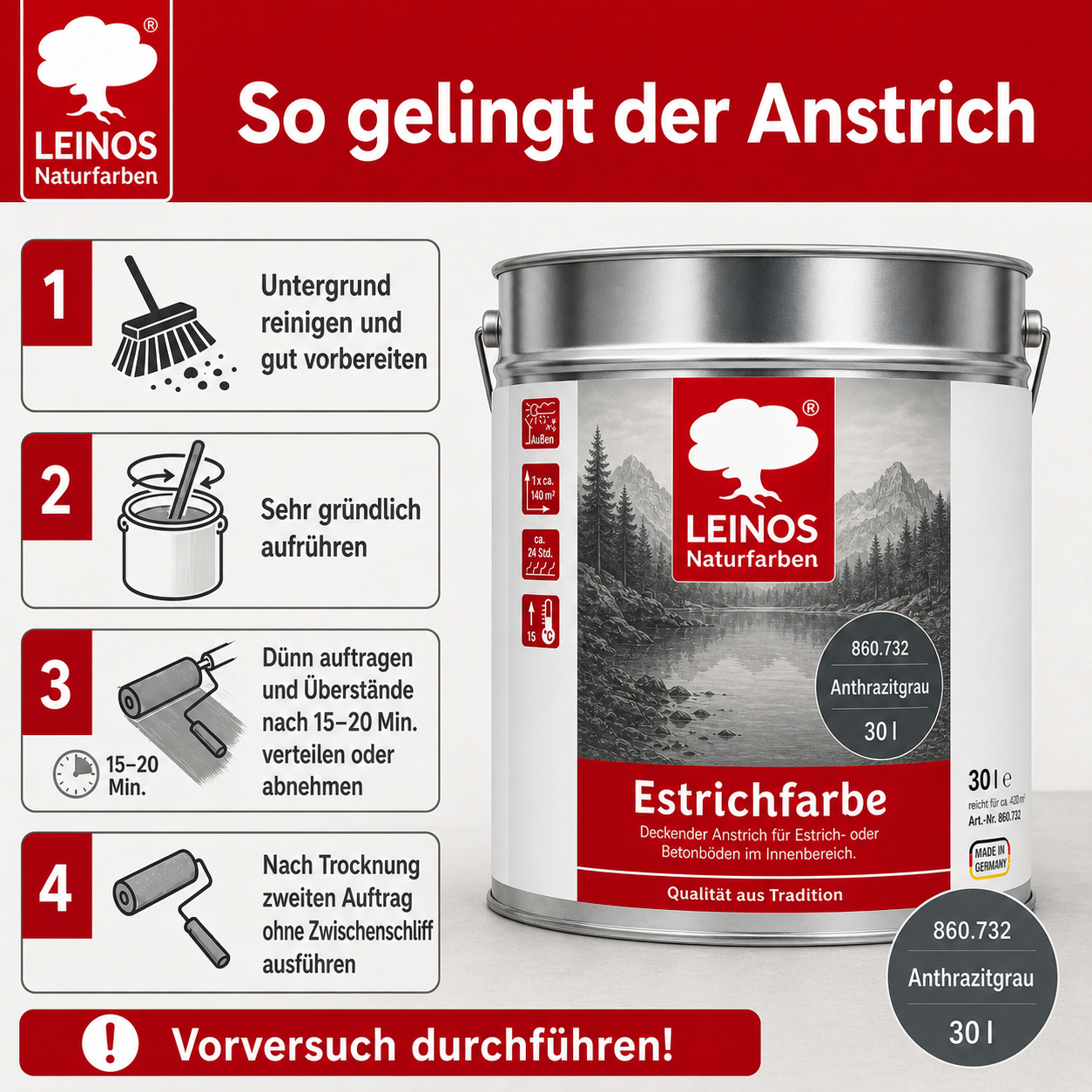 Leinos Naturfarben Estrichfarbe 860 |10,0 Liter | Anthrazitgraunn  | für innen | Schutz & Farbgebung für offenporige Estrich- & Betonflächen | abriebfest, wasserabweisend | Anthrazitgrau (10 Liter Anthrazitgrau)