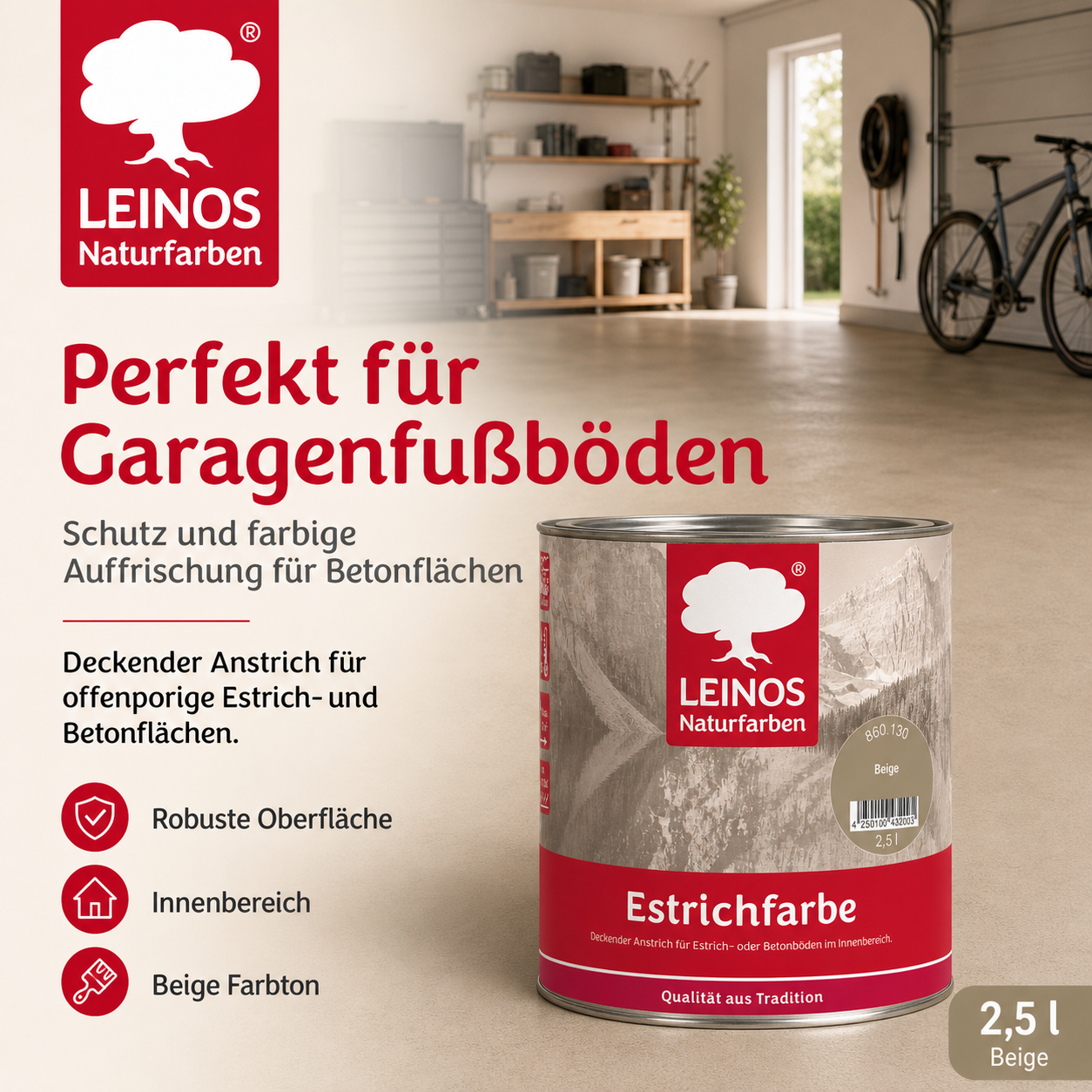 Estrichfarbe 860 | 2,5 Liter | für innen | Schutz & Farbgebung für offenporige Estrich- & Betonflächen | abriebfest, wasserabweisend, speichel- & schweißecht |  Beige