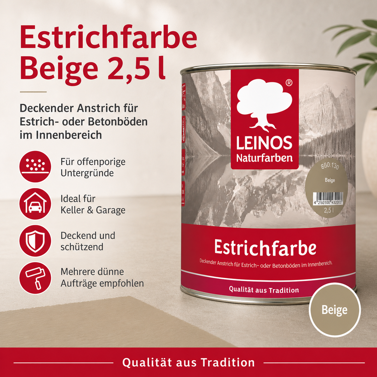 Estrichfarbe 860 | 2,5 Liter | für innen | Schutz & Farbgebung für offenporige Estrich- & Betonflächen | abriebfest, wasserabweisend, speichel- & schweißecht |  Beige