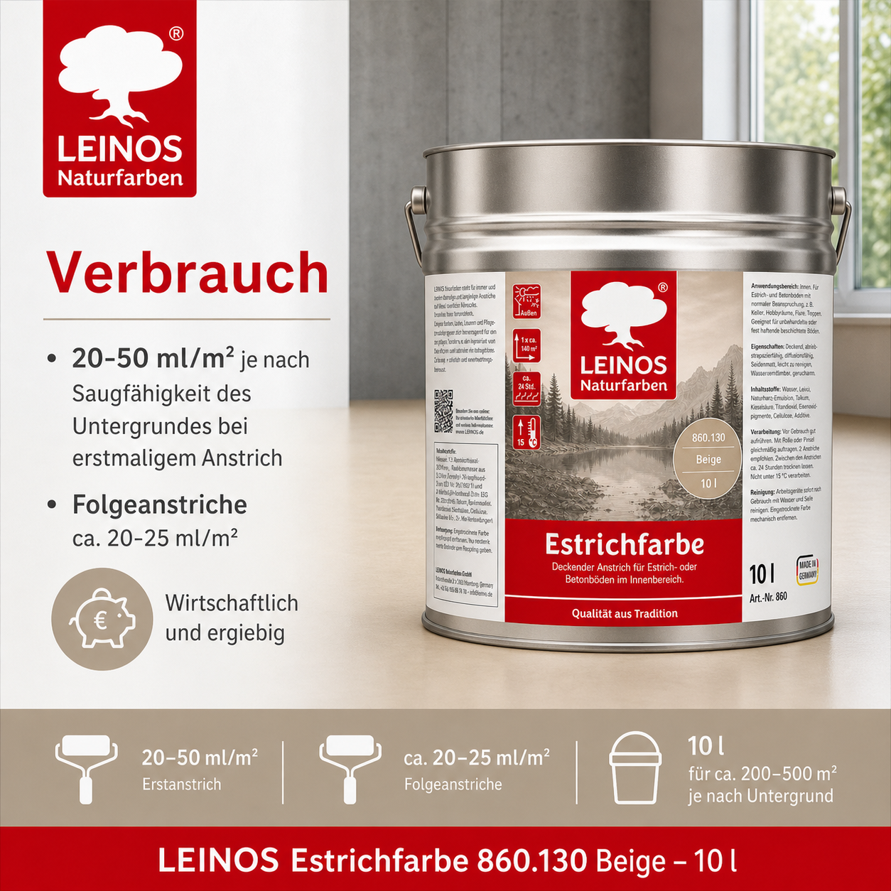 LEINOS 860 Estrichfarbe für Innen, 10l, Beige
